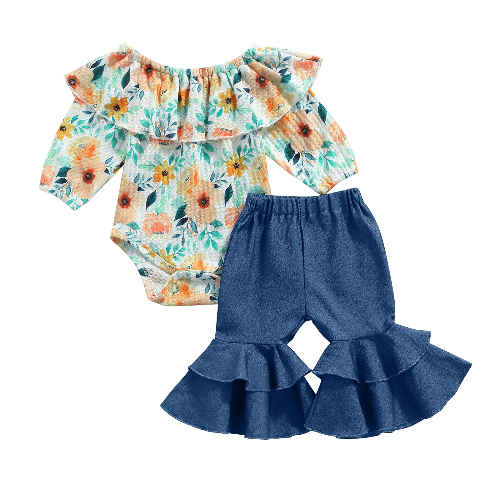 0-18M Fashion Newborn Baby Girl Long Sleeve Floral Bodysuit Tops Flared Denim Pant Jeans 2PCS Baby Girls Clothing Set
0-18M Fashion Newborn Baby Girl Long Sleeve Floral Bodysuit Tops Flared Denim Pant Jeans 2PCS Baby Girls Clothing Set