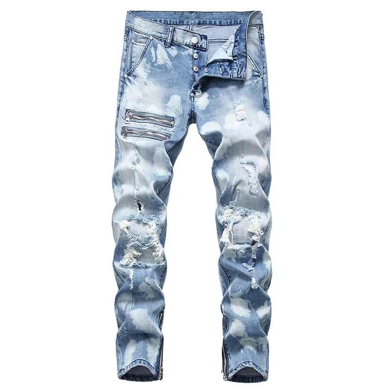 New Men's zippers ripped jeans Plus big size light blue tie and dyed holes patchwork denim pants Buttons fly trousers
New Men's zippers ripped jeans Plus big size light blue tie and dyed holes patchwork denim pants Buttons fly trousers