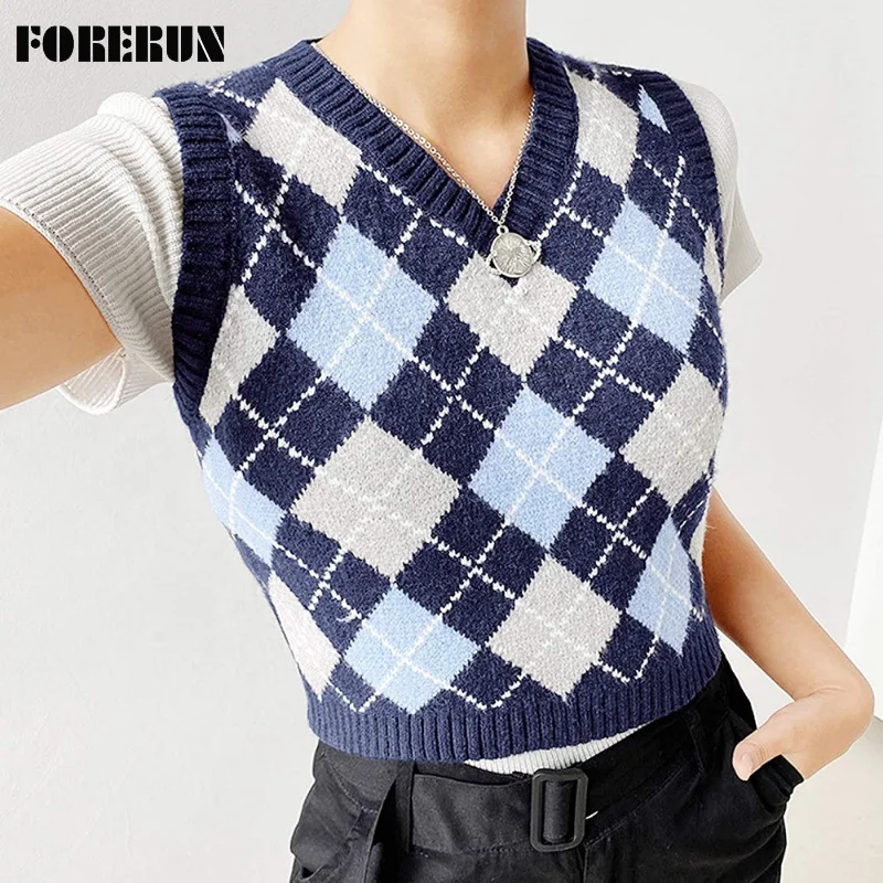 FORERUN Argyle Sweater Vest Women Slim Plaid Printed Winter Autumn Cropped Pullover V Neck Sleeveless Tops Chalecos Para Mujer
FORERUN Argyle Sweater Vest Women Slim Plaid Printed Winter Autumn Cropped Pullover V Neck Sleeveless Tops Chalecos Para Mujer