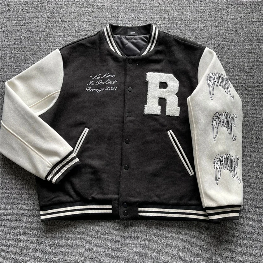 Revenge Varsity Baseball Jacket Men Women Skull Embroidery Leather Sleeve Coat Jackets
Revenge Varsity Baseball Jacket Men Women Skull Embroidery Leather Sleeve Coat Jackets