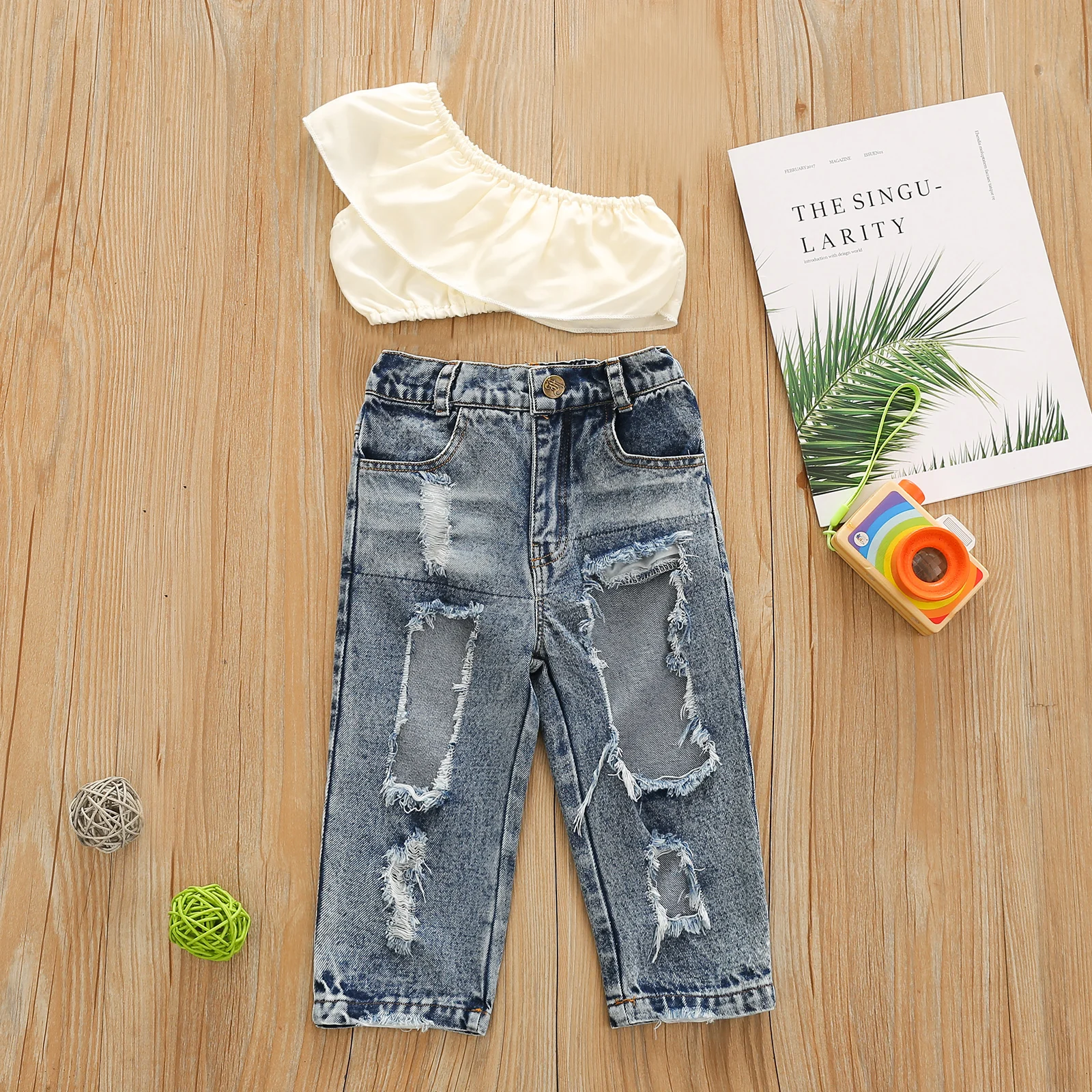 

2Pcs Kids Girls Clothes Summer Outfits Solid Color Flounce One-Shoulder Sleeveless Crop Tops + Ripped Jeans for 2- 6 Years