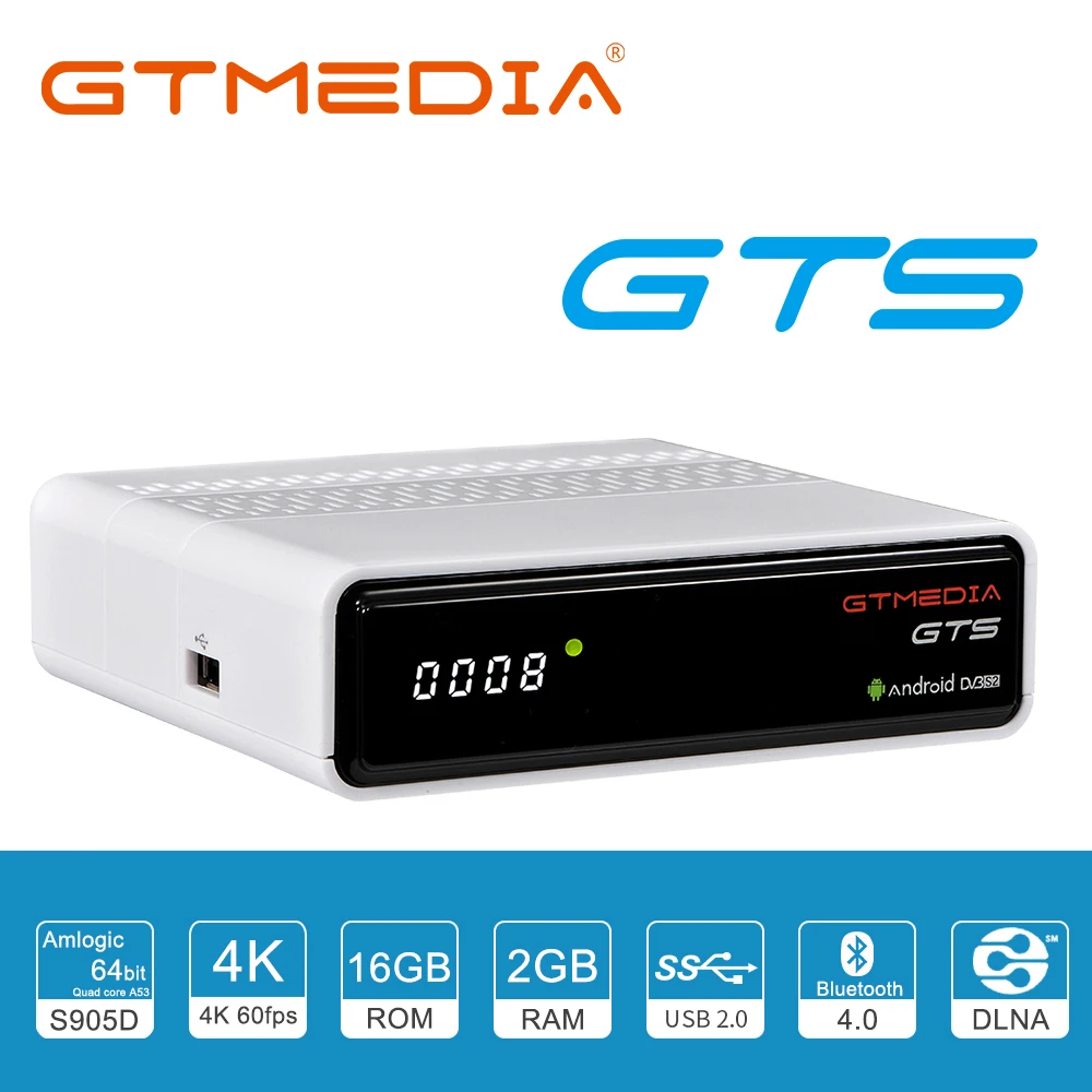 GT MEDIA GTS 4K Android 6.0 TV Box DVB-S / S2 Satellite Receiver 2GB+ 8GB 3D H.265 HEVC MPEG-2/4 WiFi 2.4Ghz BT 4.0 Smart TV Box
GT MEDIA GTS 4K Android 6.0 TV Box DVB-S / S2 Satellite Receiver 2GB+ 8GB 3D H.265 HEVC MPEG-2/4 WiFi 2.4Ghz BT 4.0 Smart TV Box