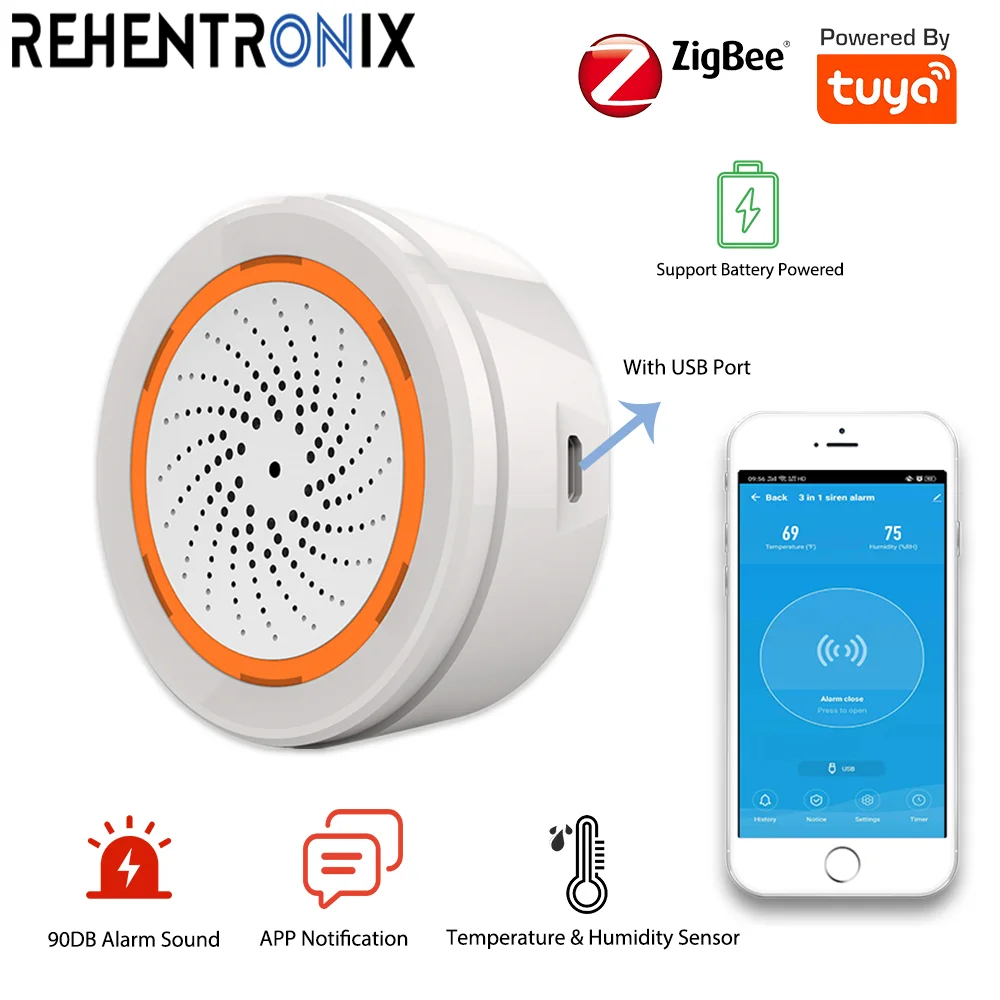 Умная сирена ZigBee Tuya встроенный датчик температуры и влажности 90 дБ звуковой