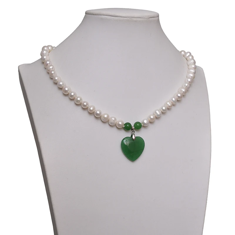

Natural Pearls 8-9mm With Green Heart Shape Pendant 24x24x6mm Handmade Diy White Pearls Necklace 18inch Women Gifts H591