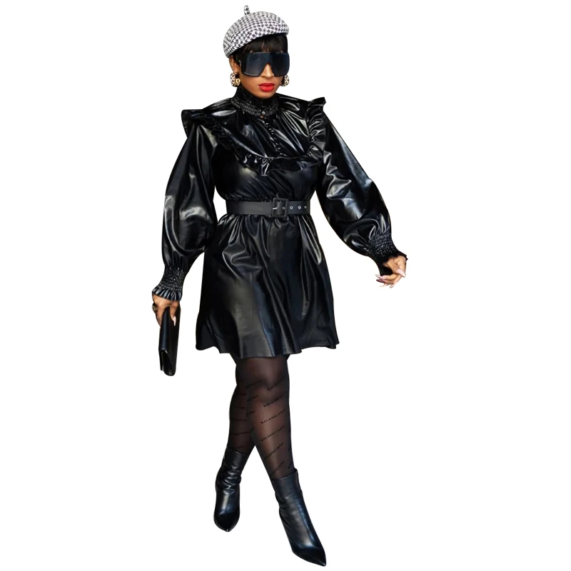 Женское кожаное платье-трапеция до колена, однотонное короткое платье из искусственной кожи с поясом и высокой талией, осень 2021
Женское кожаное платье-трапеция до колена, однотонное короткое платье из искусственной кожи с поясом и высокой талией, осень 2021