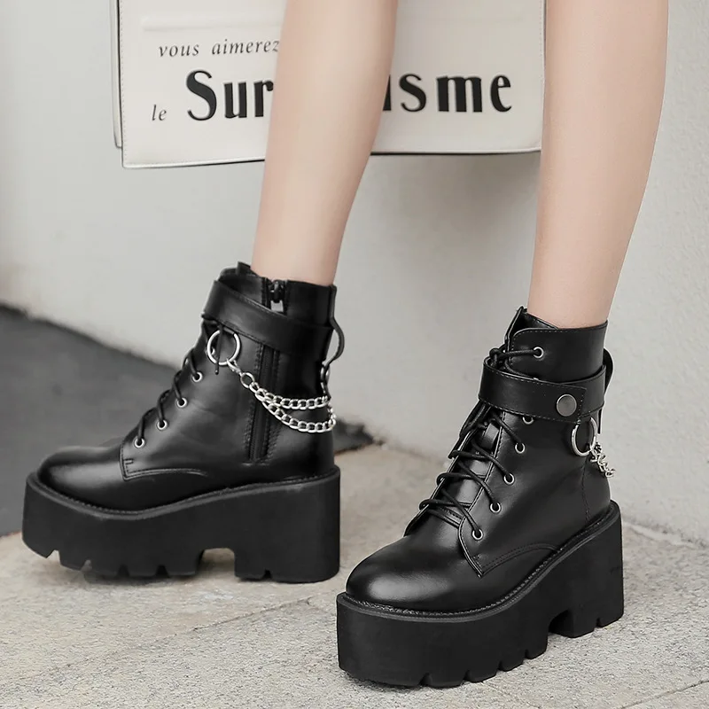 Punk biker style Handsome ankle boot female round head metal chain Platform raised Ankle boot female AU013
Punk biker style Handsome ankle boot female round head metal chain Platform raised Ankle boot female AU013