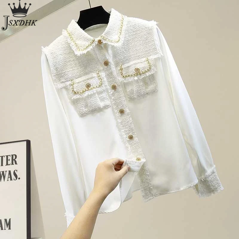 Korean High-End Tweed Patchwork Chiffon Shirt Women's 2021 New Single Breasted Tassel white Shirt Top Fashion Women's Clothing
Korean High-End Tweed Patchwork Chiffon Shirt Women's 2021 New Single Breasted Tassel white Shirt Top Fashion Women's Clothing