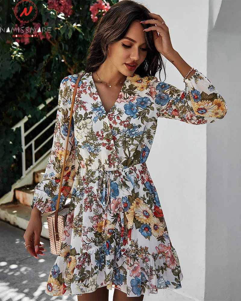 Fashion Women Print A-Line Dress Drawstring Design Ruffles Decor V-Neck Long Sleeve Mid Waist Spring Autumn Slim Pullovers Dress
Fashion Women Print A-Line Dress Drawstring Design Ruffles Decor V-Neck Long Sleeve Mid Waist Spring Autumn Slim Pullovers Dress