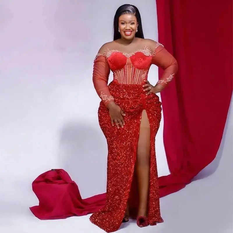 Arabic Style Mermaid Prom Dresses Red Sequins Long Sleeves Front Split Lace Appliques Plus Size Formal Evening Occasion Gowns
Arabic Style Mermaid Prom Dresses Red Sequins Long Sleeves Front Split Lace Appliques Plus Size Formal Evening Occasion Gowns