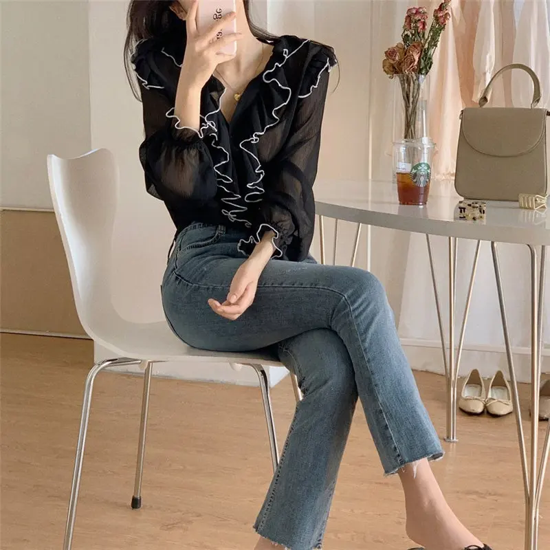 

Alien Kitty 2021 All Match Office Lady V-Neck Color-Hit Ruffles Basic Shirts Sweet High Quality Autumn Vintage Brief Blouses