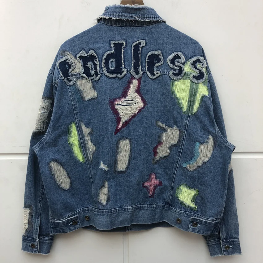 Best Quality Hip-Hop Damage Hole Distressed Denim Jacket Men Women Blue Coat Patch Letters Logo Endless Outwear 
Best Quality Hip-Hop Damage Hole Distressed Denim Jacket Men Women Blue Coat Patch Letters Logo Endless Outwear