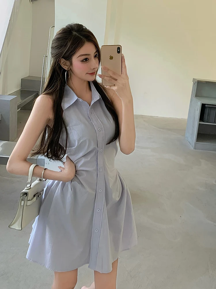 Summer New Women Sleeveless Polo Collar Elegant Pleated Dress French Style High Waist Single-Breasted Shirt Short Dresses 2021
Summer New Women Sleeveless Polo Collar Elegant Pleated Dress French Style High Waist Single-Breasted Shirt Short Dresses 2021