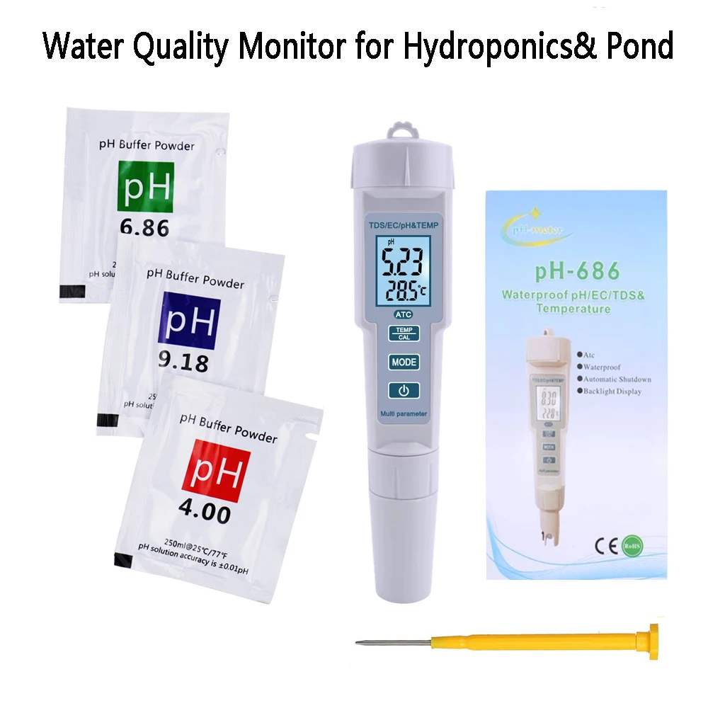 

4 in 1 TDS/EC Temp PH Tester Water Quality Monitor Conductivity TDS PPM Detector Acidimeter PH EC Meter for Aquarium Hydroponics