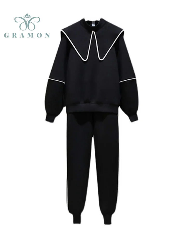 Oversized Pants Suits Sailor Collar Long Sleeve Top Elastic Waist Jogger Pants Women Plus Size Two Piece Sets Autumn Conjuntos
Oversized Pants Suits Sailor Collar Long Sleeve Top Elastic Waist Jogger Pants Women Plus Size Two Piece Sets Autumn Conjuntos