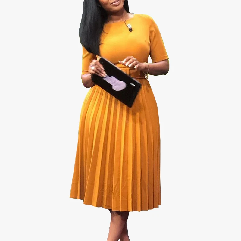 MOVOKAKA Half Sleeve Pleated Dress Elegant Yellow Casual Vestidos High Waist Dresses Woman Party O Neck Women's Dress With Belt
MOVOKAKA Half Sleeve Pleated Dress Elegant Yellow Casual Vestidos High Waist Dresses Woman Party O Neck Women's Dress With Belt