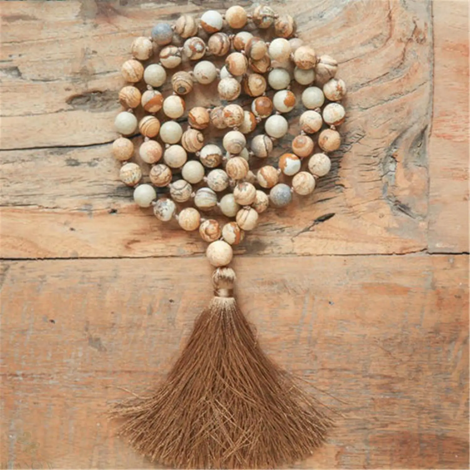 

8mm picture jasper Gemstone 108 beads Mala tassel necklace Chakra Retro Buddhism Religious Meditation Prayer Lucky Spiritua