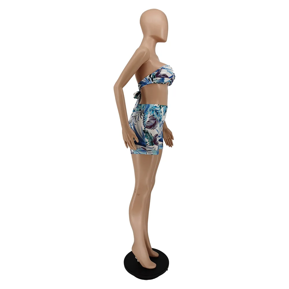 2021 Summer Fashion Color Leaf Print Strapless Strapless Waist Tube Top Two-Piece Set