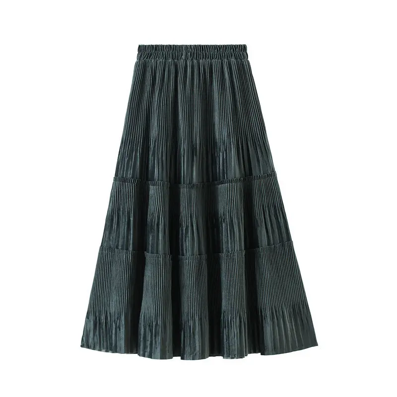 Женская бархатная плиссированная юбка средней длины элегантная зеленая длинная