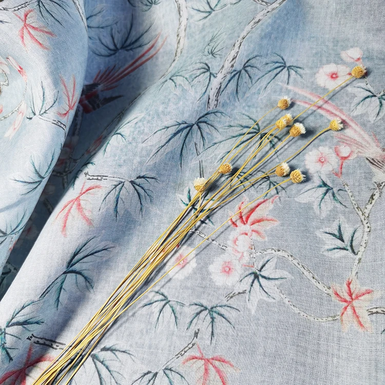 

Natural pure ramie patchwork Flower and bird printing tissu High grade robe dress cheongsam fabric