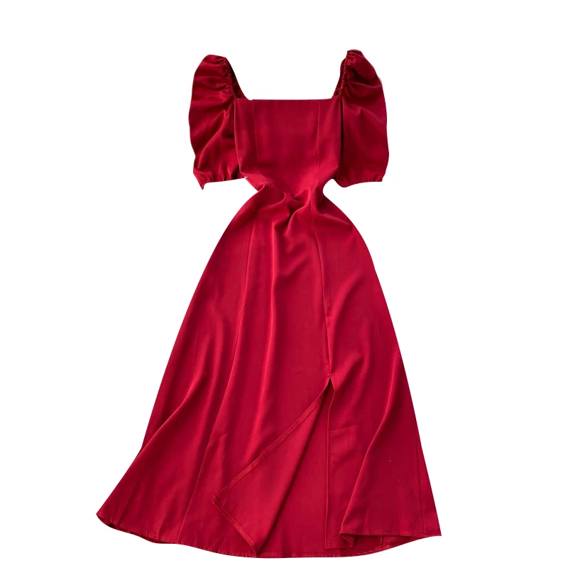 European and American retro lady dress with square collar and bubble sleeves, slim slim mid long with split hem
European and American retro lady dress with square collar and bubble sleeves, slim slim mid long with split hem
