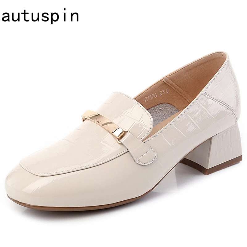 

Autuspin Classic Women Shoes 2021 Fashion Genuine Cow Leather High Heels Pumps Woman Square Heeled Loafers Female Working Shoes