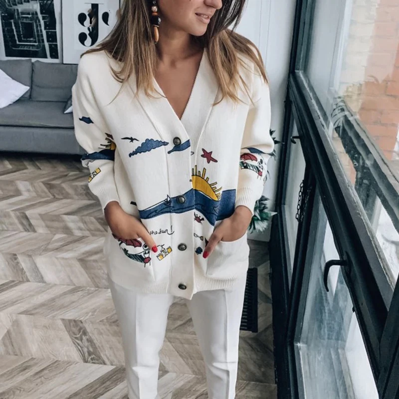 Autumn White Cotton Knitted Cardigan Sweater Women Coat 2020 Print V-neck Pockets Female Jumpers Casaul Buttons Women Tops
Autumn White Cotton Knitted Cardigan Sweater Women Coat 2020 Print V-neck Pockets Female Jumpers Casaul Buttons Women Tops