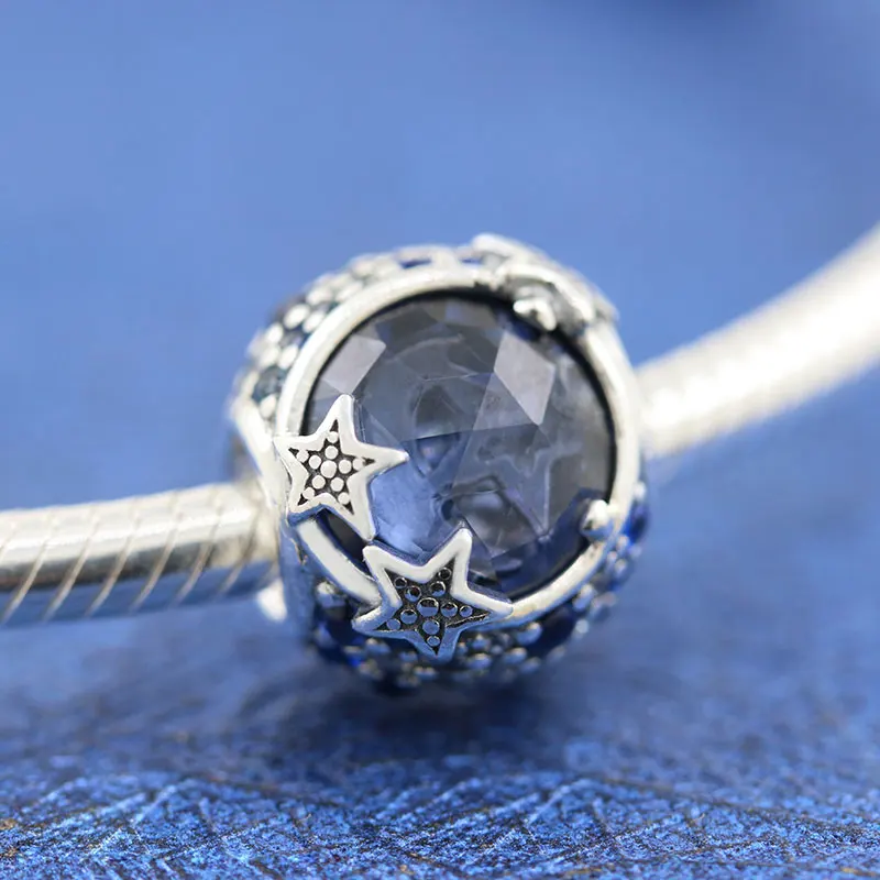

Женская серебряная небесная синяя Подвеска со сверкающими звездами, подходящая ко всем европейским ювелирным браслетам Pandora, ожерелья