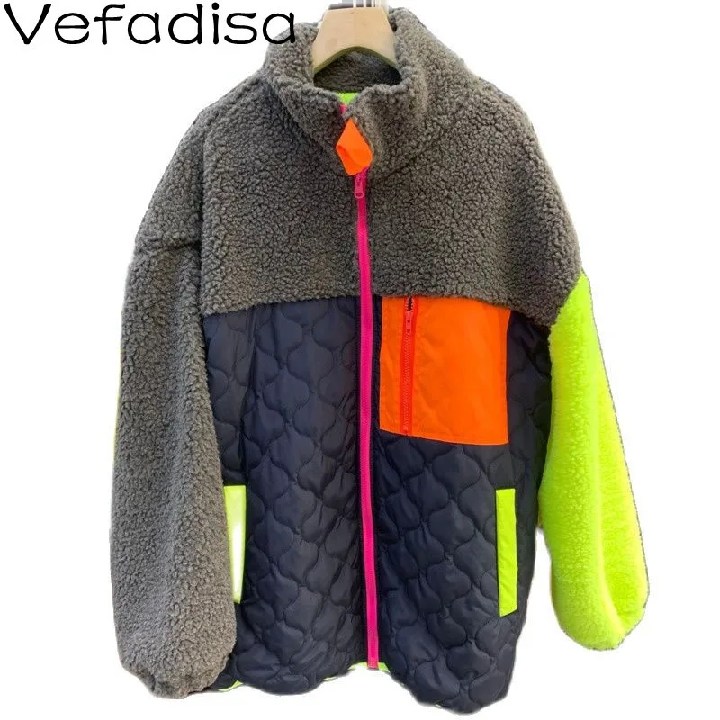 Vefadisa Fashion Contrast Stitching Lamb Wool Coat Loose Plus Size Mid-length High-neck Lamb Wool Coat Winter Jackets TT444 
Vefadisa Fashion Contrast Stitching Lamb Wool Coat Loose Plus Size Mid-length High-neck Lamb Wool Coat Winter Jackets TT444