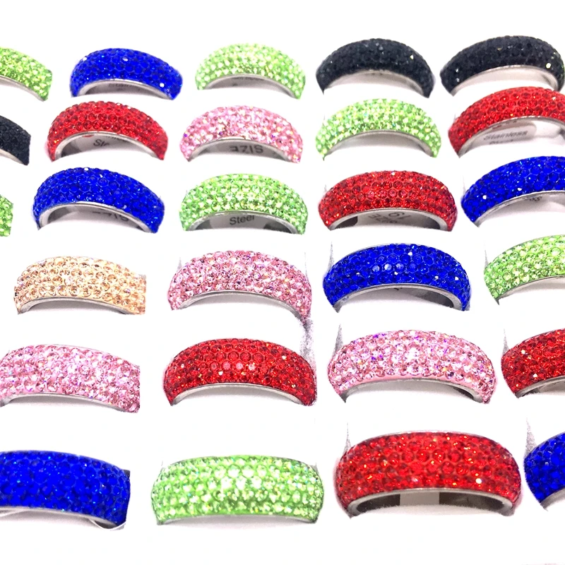 

MixMax 36pcs/Lot Women's Rings Clay Full Rhinestone Hand Inlay 5 Row Stainless Steel Band Fashion Jewelry Wholesale Mix Colors