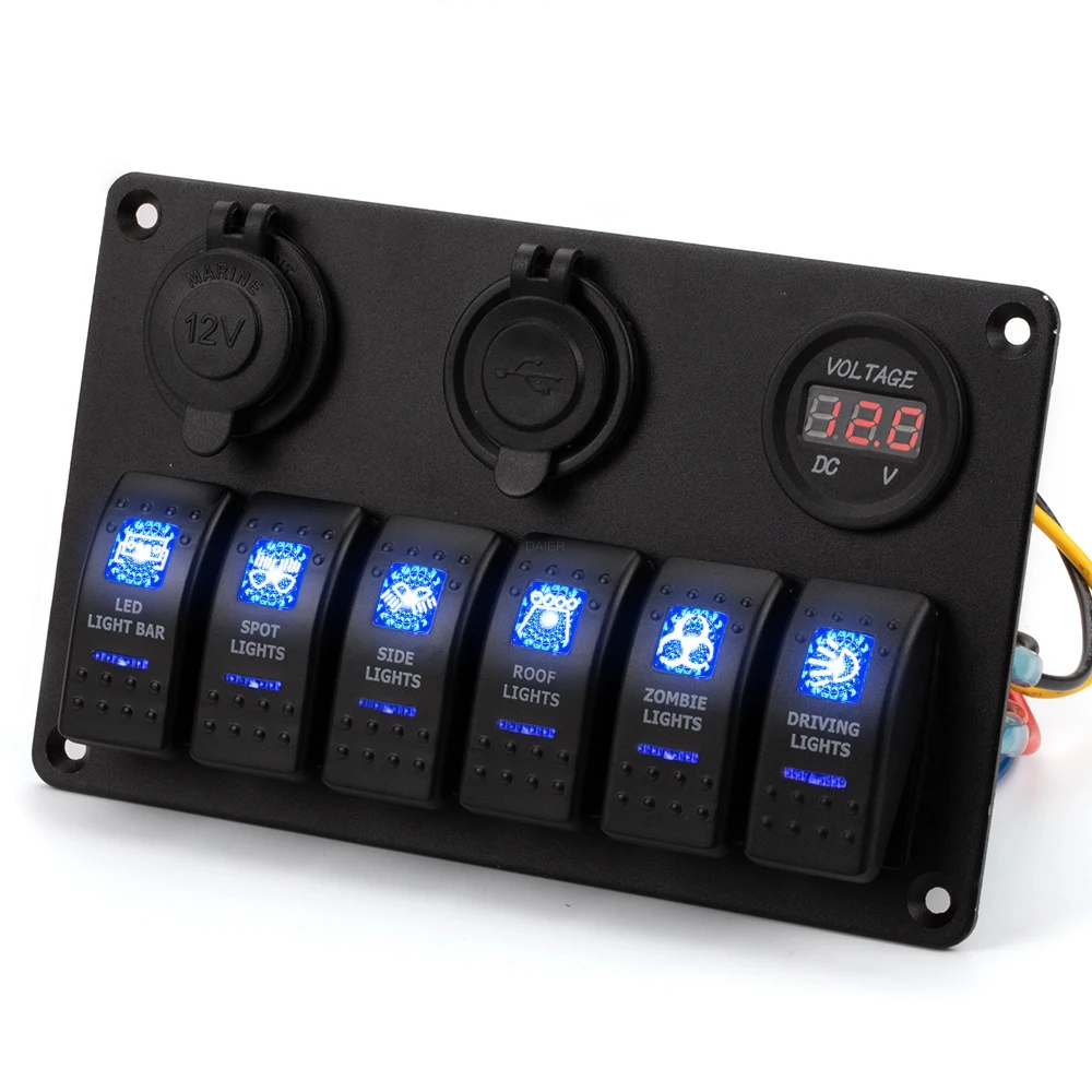 6 GANG Aluminum LED Rocker Switch Panel with 12v Blue Socket & 2-Port USB Charger & Voltmeter
6 GANG Aluminum LED Rocker Switch Panel with 12v Blue Socket & 2-Port USB Charger & Voltmeter