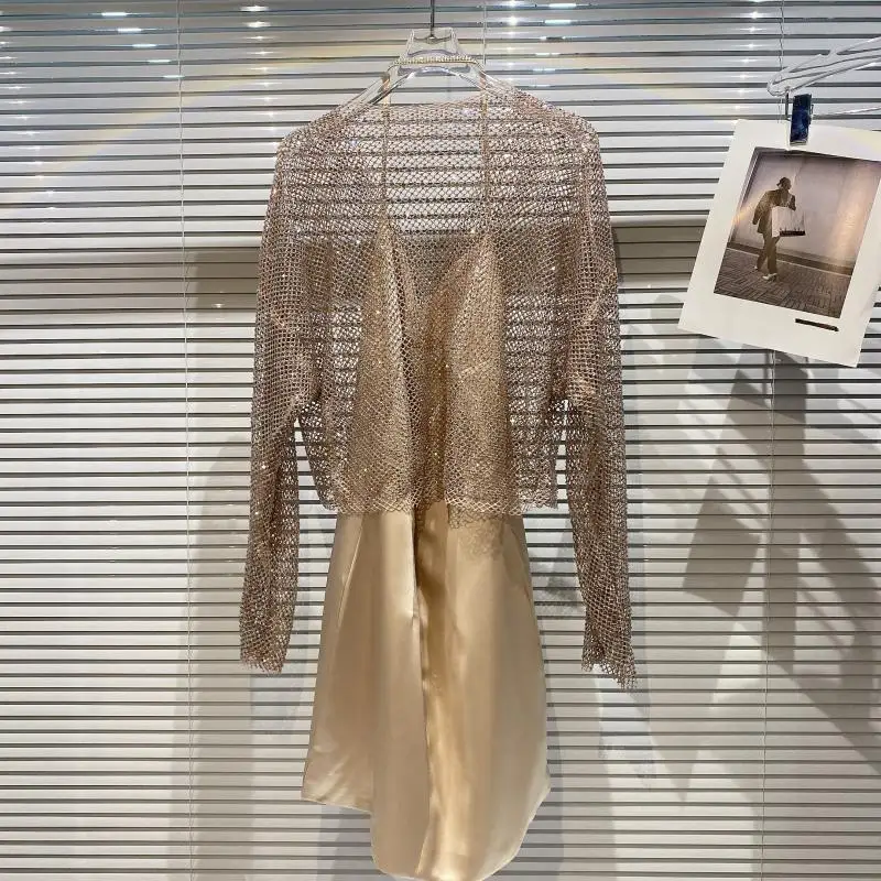 Dress Set for Women 2021 Summer New Rhinestone Hollow Diamond Cardigan Coat + Strap Silk Dress Two-Piece Set Lady Outfits 
Dress Set for Women 2021 Summer New Rhinestone Hollow Diamond Cardigan Coat + Strap Silk Dress Two-Piece Set Lady Outfits