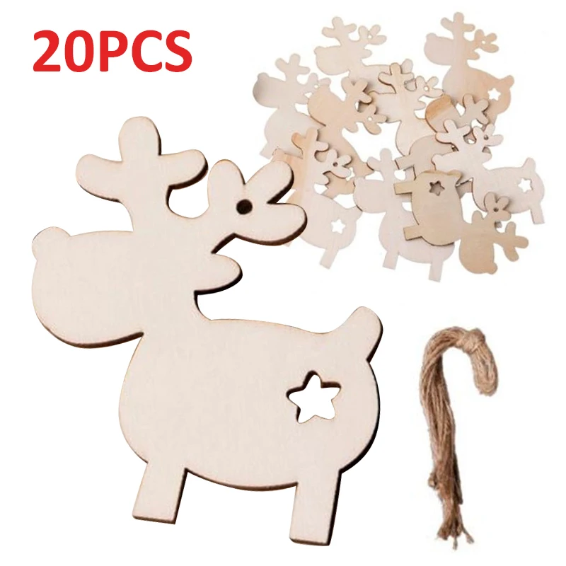 

20pcs Wood Tag Christmas Tree Hanging Decoration Wooden Reindeer Cutout Pieces Table Decor Home DIY Ornaments Centerpieces
