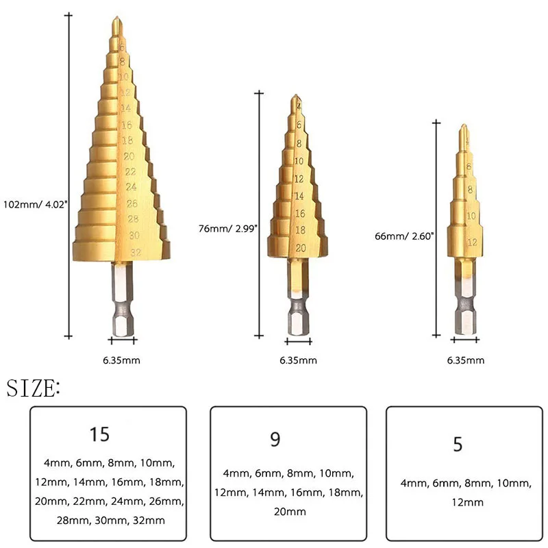 4-12 4-20 mm HSS Titanium Coated Step Drill Bit Drilling Machine Power Tools for Metal High Speed Steel Woodworking Taper D
4-12 4-20 mm HSS Titanium Coated Step Drill Bit Drilling Machine Power Tools for Metal High Speed Steel Woodworking Taper D