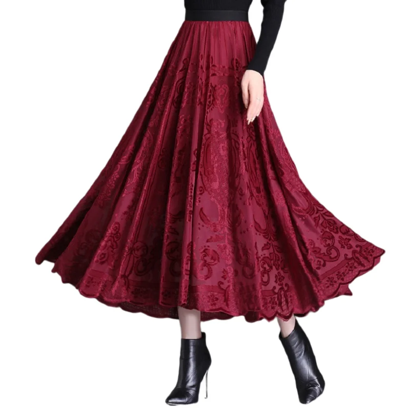 Autumn Winter Women High Waist Big Swing Flocking Flower Vintage Red Pleated Skirt Korean Elegant Loose Casual Long Skirts
Autumn Winter Women High Waist Big Swing Flocking Flower Vintage Red Pleated Skirt Korean Elegant Loose Casual Long Skirts