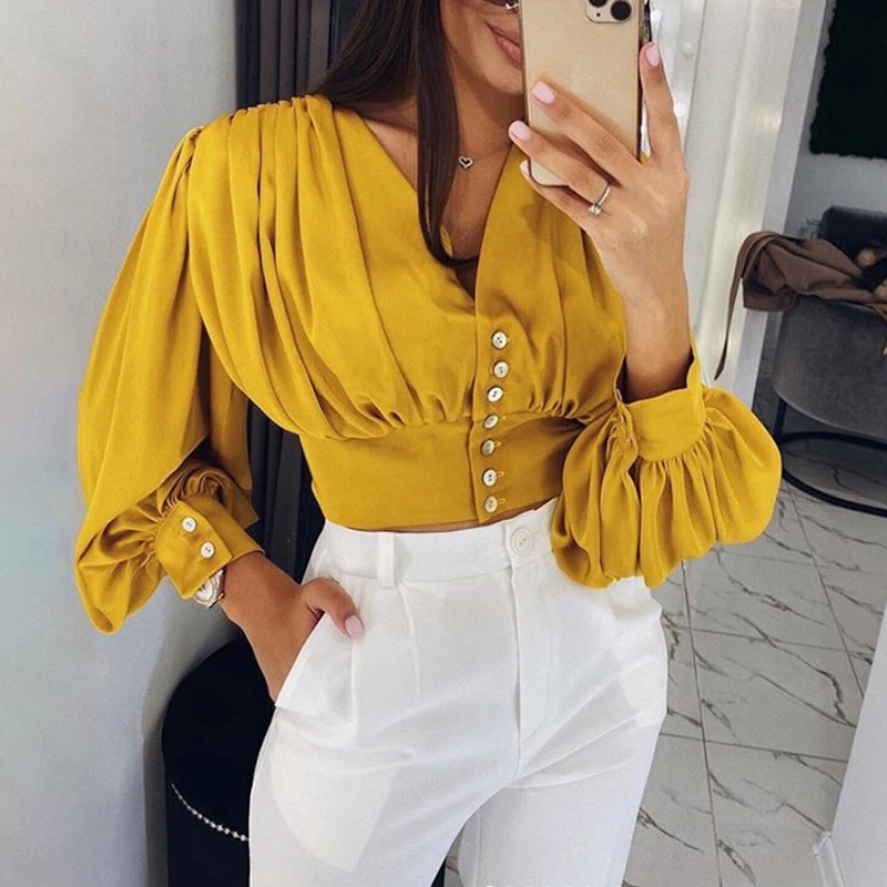 Ruched V Neck Long Sleeve T Shirt Women Elegant Lantern Sleeve Buttoned Plunge Tops Streetwear Solid Yellow White Tshirt
Ruched V Neck Long Sleeve T Shirt Women Elegant Lantern Sleeve Buttoned Plunge Tops Streetwear Solid Yellow White Tshirt
