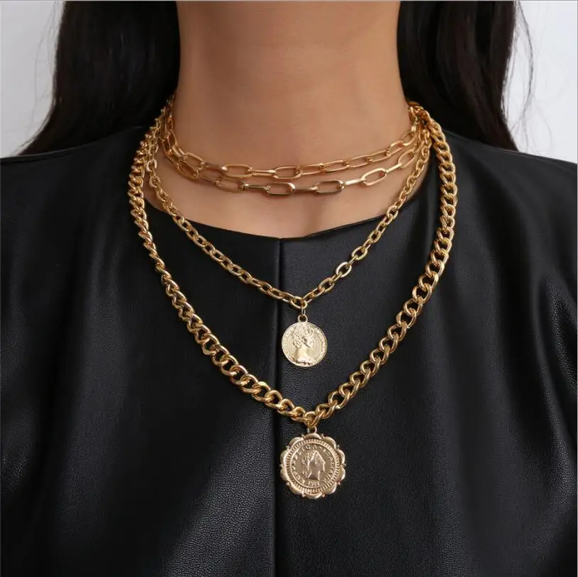 

Vintage Layered Coins Human Head Pendant Necklace for Women Bohemian Multilayer Geometric Choker Collar Necklace Wholesale S2211