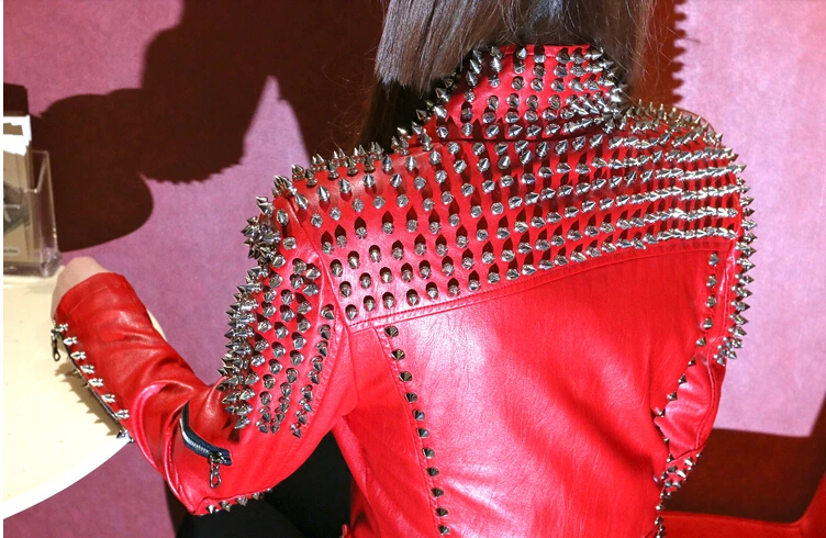 Europe DJ Fashion Punk Rivet Motorcycle Leather Jacket Female Nightclub Red Jacket Personality Rocker Rivet Streetwear Jackets
Europe DJ Fashion Punk Rivet Motorcycle Leather Jacket Female Nightclub Red Jacket Personality Rocker Rivet Streetwear Jackets