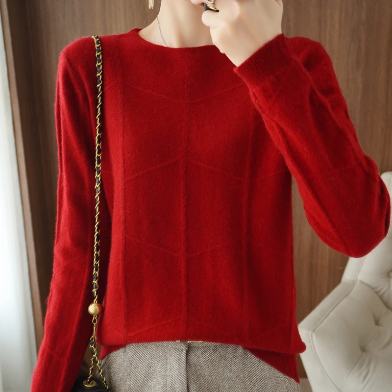 Женский трикотажный пуловер с круглым вырезом и длинными рукавами | Женская