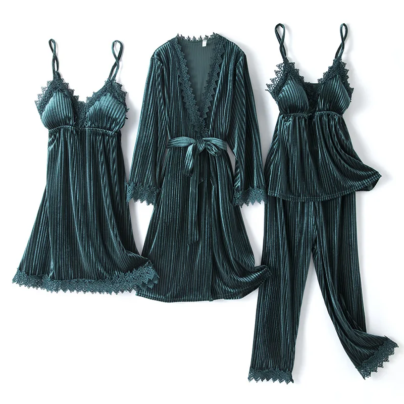 Women Green Velour Pajamas Set Striped 4PCS Sleepwear Lace Trim Robe Suit Sexy Lace Pijamas Suit Velvet Sleep Set Home Clothes
Women Green Velour Pajamas Set Striped 4PCS Sleepwear Lace Trim Robe Suit Sexy Lace Pijamas Suit Velvet Sleep Set Home Clothes