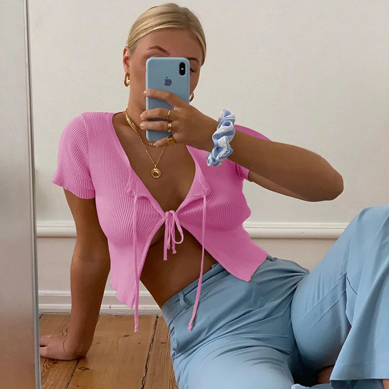 Spring Women's Knitted Tie Front Bolero Shrug Short Sleeve Crop Top Deep-V Lace Up Sweater Cardigan Mujer Ladie Sexy Blouse Coat 
Spring Women's Knitted Tie Front Bolero Shrug Short Sleeve Crop Top Deep-V Lace Up Sweater Cardigan Mujer Ladie Sexy Blouse Coat