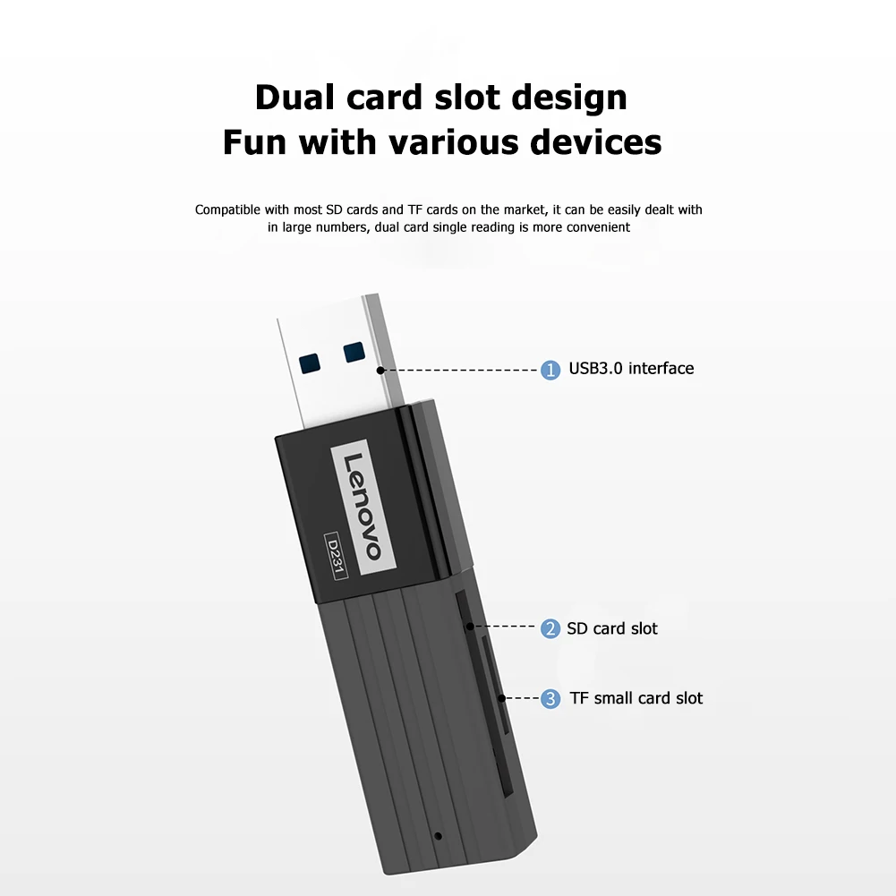 Lenovo D231 USB 3.0 2 in 1 Multifunction Memory Card Reader 5Gbps Dual Slot TF Security Digital Card Reader Adapter Support 2TB
Lenovo D231 USB 3.0 2 in 1 Multifunction Memory Card Reader 5Gbps Dual Slot TF Security Digital Card Reader Adapter Support 2TB