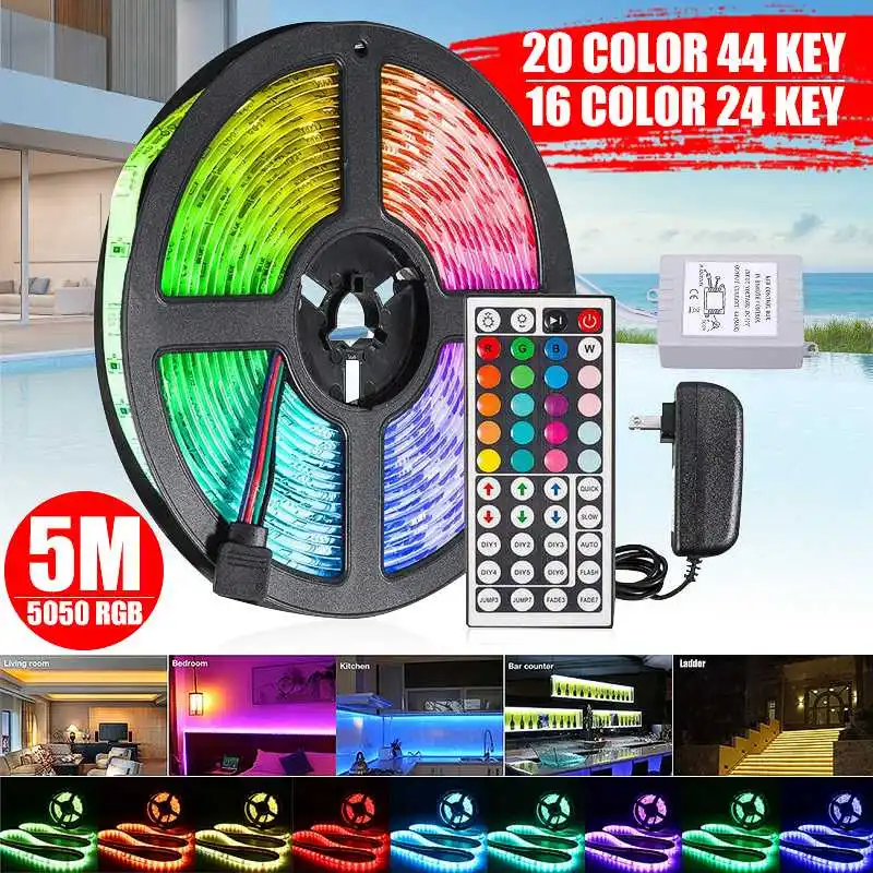 5M RGB LED Strip Light Waterproof String Lamp 12V 2835 SMD LED Lighting 22Keys/44Keys Remote Control With 12V Adaptor
5M RGB LED Strip Light Waterproof String Lamp 12V 2835 SMD LED Lighting 22Keys/44Keys Remote Control With 12V Adaptor