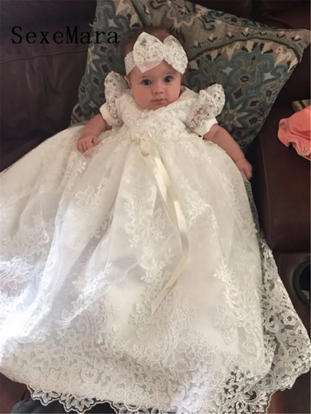

Ivory White Long Christening Gown for Baby Girls Lace Pearls Short Sleeve Baptism Dress with Bonnet