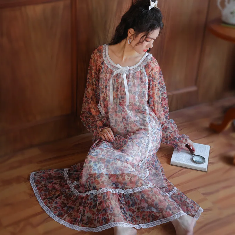 

Romantic Nightgowns Women Autumn Floral Print Mesh Modal Long Night Dress Victorian Vintage Peignoir Nightie Princess Sleepwear