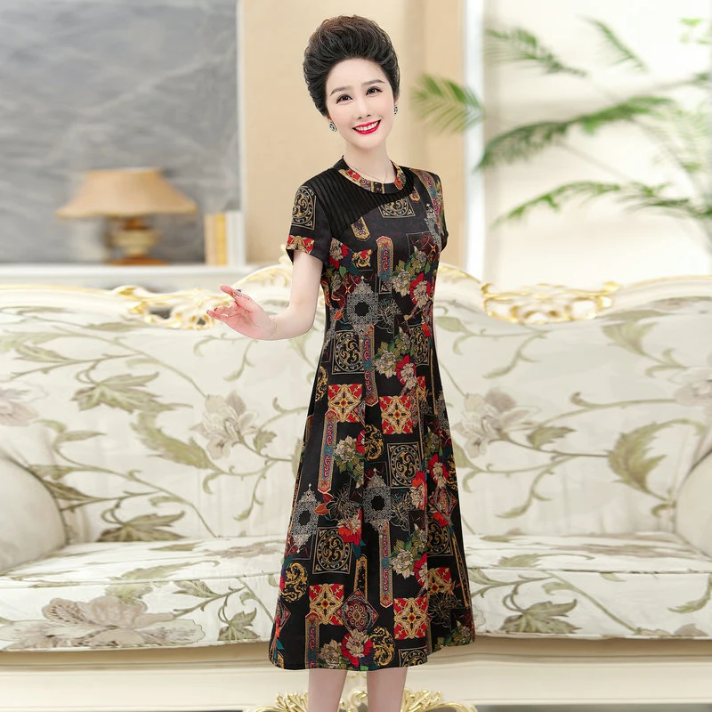 Women Elegant Floral Print Silk A-Line Dresses Red Black Tribal Pattern Round Neck Short Sleeve Oriental Style One Piece Robe
Women Elegant Floral Print Silk A-Line Dresses Red Black Tribal Pattern Round Neck Short Sleeve Oriental Style One Piece Robe