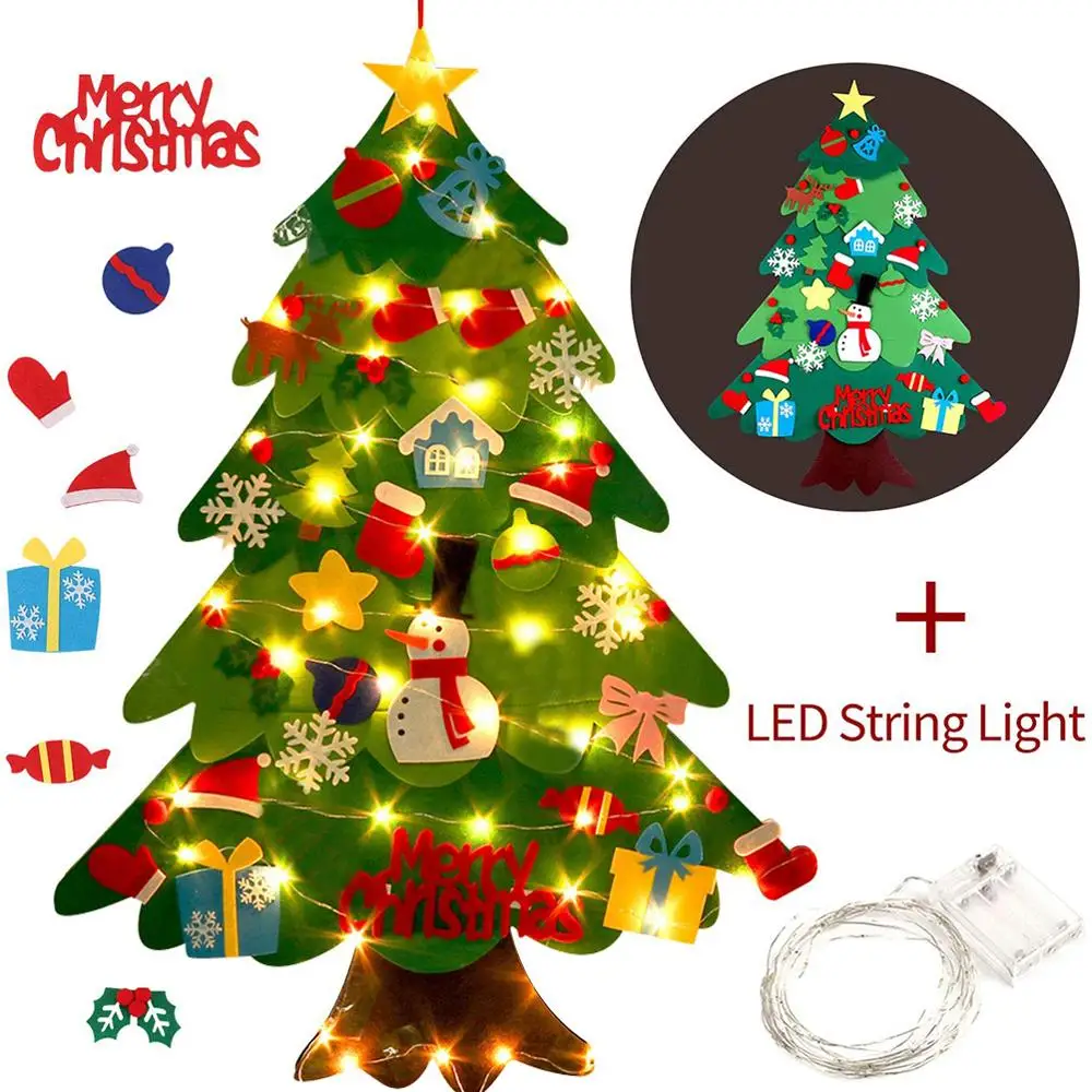 

10pcs Felt Christmas Tree DIY Soft Christmas Tree with Ornaments and String Light Christma decorations Santa Claus Xmas Tree