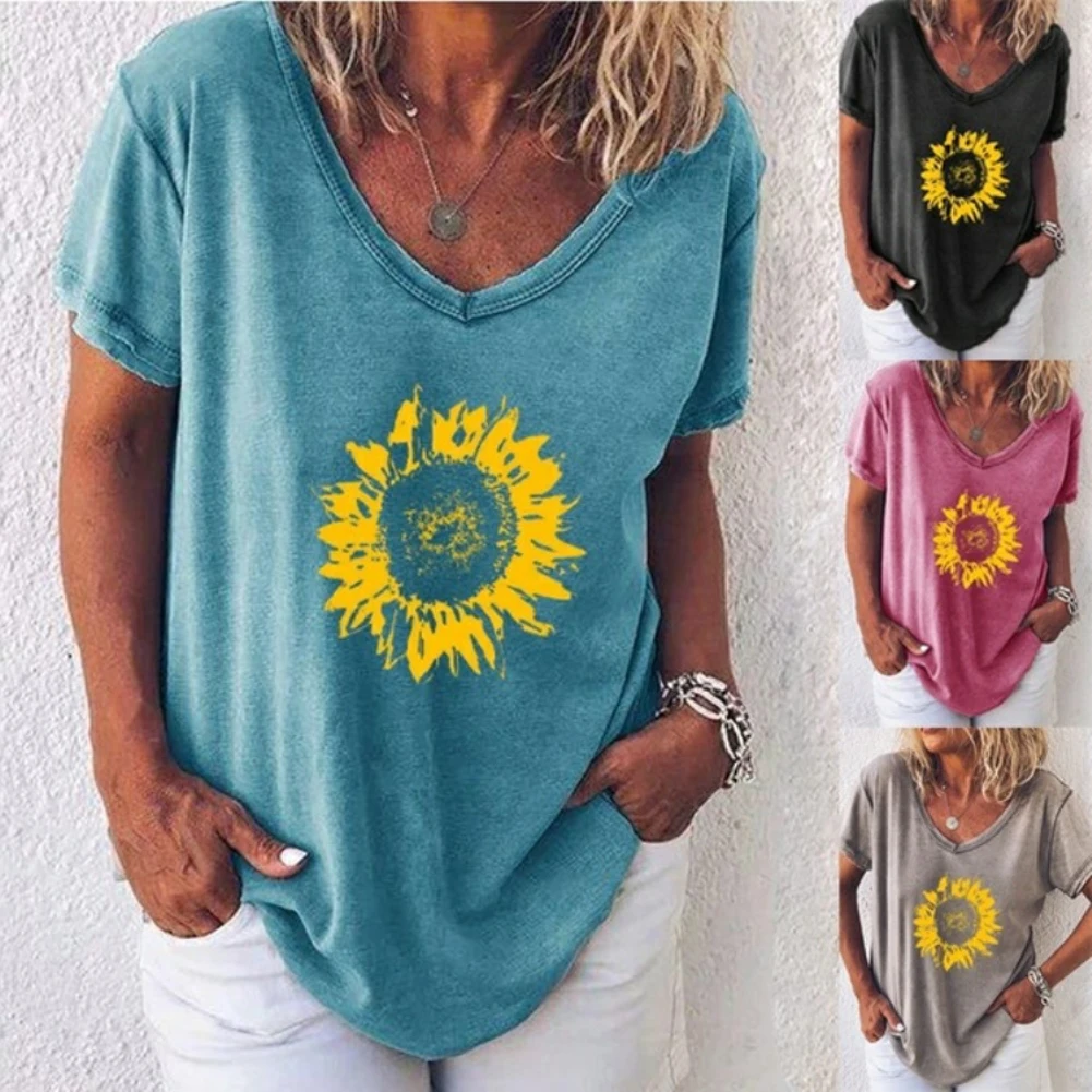 woman tshirts Fashion Summer Short Sleeve tshirts V Neck Sunflower Print T-shirt Loose 2020 
woman tshirts Fashion Summer Short Sleeve tshirts V Neck Sunflower Print T-shirt Loose 2020