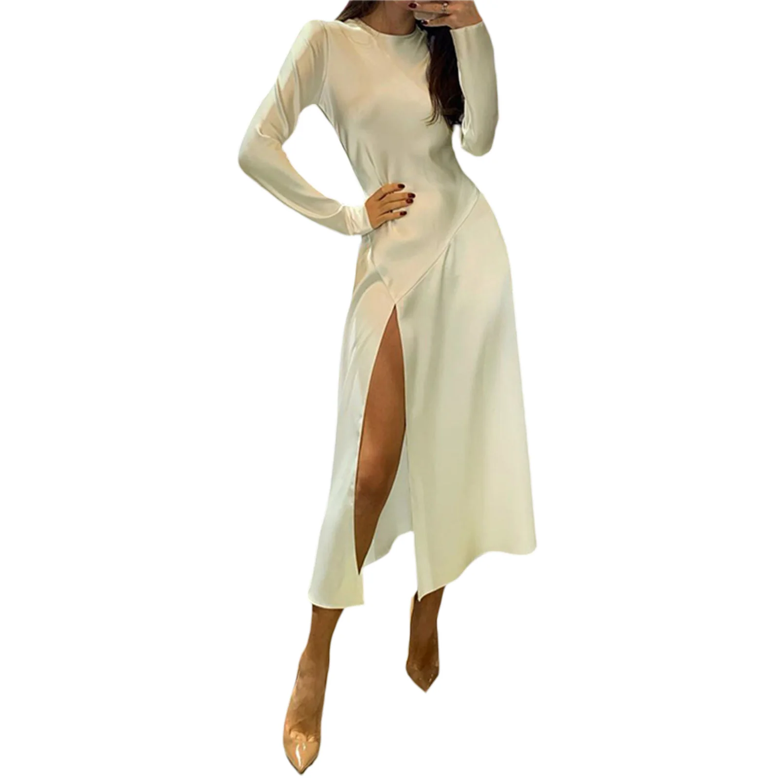 Women Dress, Long Sleeve Round Neck Side Split Solid Color Elastic Casual Street Midi
Women Dress, Long Sleeve Round Neck Side Split Solid Color Elastic Casual Street Midi
