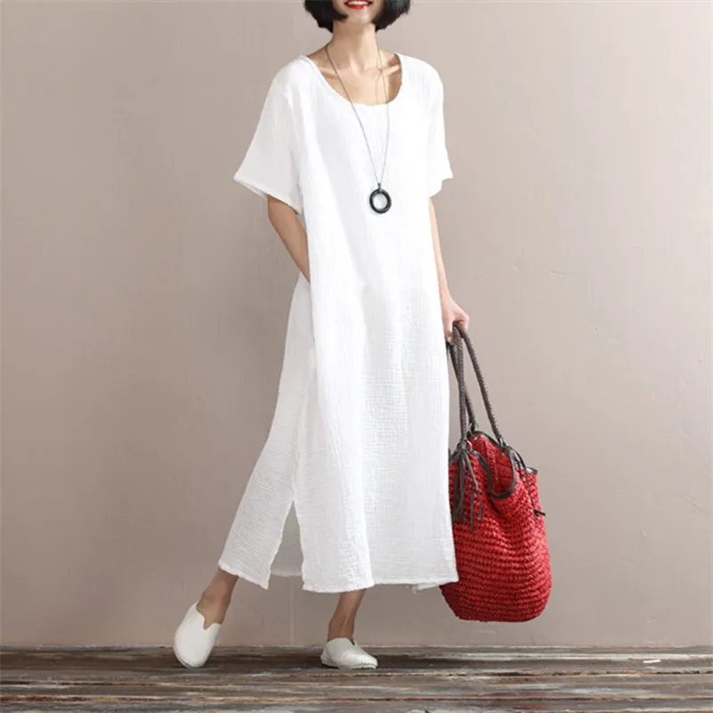 2022 Summer Simple Cotton Linen Dress Women Solid Casual Party Split Long Dress O-Neck Short Sleeve Sundress -
2022 Summer Simple Cotton Linen Dress Women Solid Casual Party Split Long Dress O-Neck Short Sleeve Sundress -