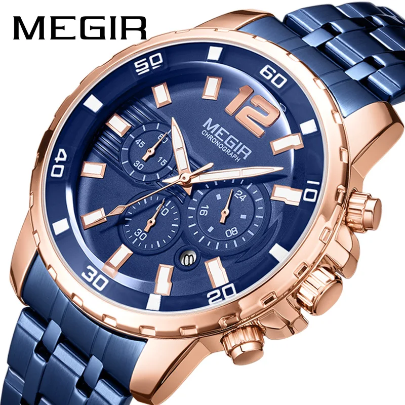 

MEGIR 2068G Men's Blue Quartz Watches Business Chronograph Analogue Wrist Watch for Men Waterproof Luminous Wristwatches